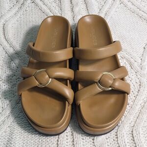 J/Slides Platform Slide Sandals Tan Padded Leather Gold Accent Women 8 Excellent